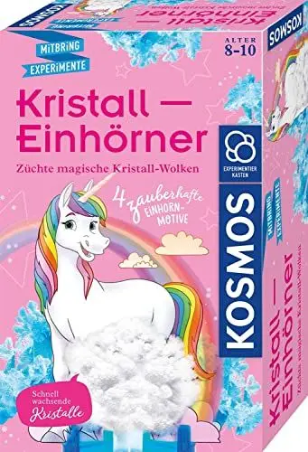Produktbild: KOSMOS 657864 Kristall-Einhörner, Magische Kristall-Wolken züchten, vier Einhorn-Motive, farbige Kristalle züchten, Experimentierset für Kinder ab 8 Jahre, Kinderzimmer-Deko, Mitbringsel, Geschenk