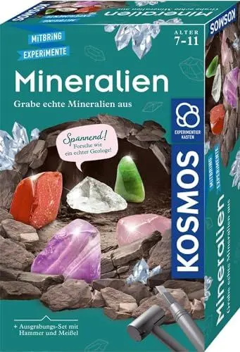 Produktbild: KOSMOS 657901 Mineralien Ausgrabungs-Set, Grabe echte Mineralien selbst aus, mit Hammer und Meißel, 5 faszinierende Schmucksteine, Experimentierset für Kinder ab 7 Jahre zum Thema Geologie