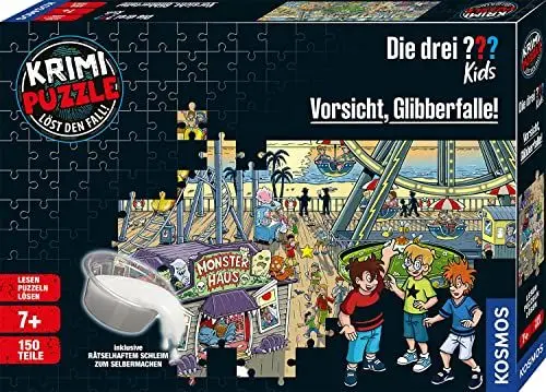 Produktbild: KOSMOS 683474 Krimi Puzzle Die drei ??? Kids Vorsicht Glibberfalle, 150 Teile, Schleim selbermachen, Lesen, Puzzeln, Rätsel lösen, für Kinder ab 7 Jahre, Detektiv Puzzle mit Die drei Fragezeichen Kids