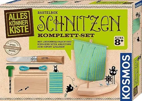 Produktbild: Kosmos 604608 AllesKönnerKiste Schnitzen Komplett-Set, mit Kinder-Schnitzmesser, Lindenholz-Block, Boot selber schnitzen, Schnitz-Set, Bastel-Set für Kinder ab 8 Jahre