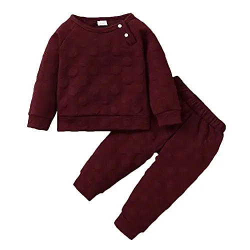 Produktbild: kosopse Fotoshooting Neugeborene Winter Langarm Solide Verdickte Warme Strampler Tops Hosen 2 STÜCKE Outfits Kleidung Set Für Baby Sommerkleidung Mädchen (Wine, 0-3 Months)