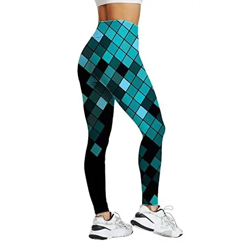 Produktbild: kosopse Leggings Mit Spitze Damen 7/8 Druckhose mit hoher Taille für Damen-Leggings, Strumpfhosen, Kompression, Yoga, Laufen, Fitness, Leggings mit hoher Taille Leggings V Schnitt (C-Blue, L)
