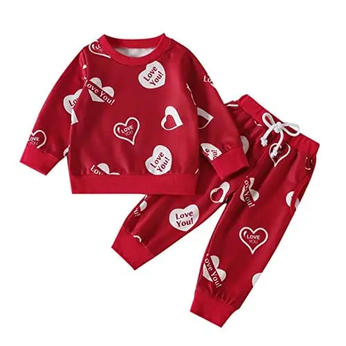 Produktbild: kosopse Neugeborenen Set Mädchen Kleidung Herzen bedrucktes T-Shirt Pullover Tops Hosen Outfits Babykleid Mädchen 6 12 Monate (Red, 6-12 Months)