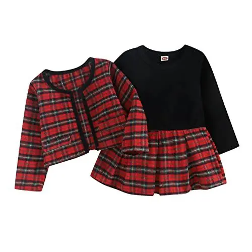Produktbild: kosopse Oberteil Neugeborenes Baby Mädchen Lange Ärmel Plaid Prinzessin Kleid Wollmantel Mantel Outfit Set Kleidung 2 STÜCKE Langarmshirt Herren Rot (Red, 3-6 Months)