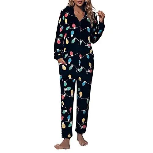 Produktbild: kosopse Overall Herren Kuschelig Nachtwäsche, Pyjamas, mit Kapuze, Overall, Strampler, Clubwear, Nachtwäsche, Strampler Hausanzug Damen Jumpsuit (Black, S)