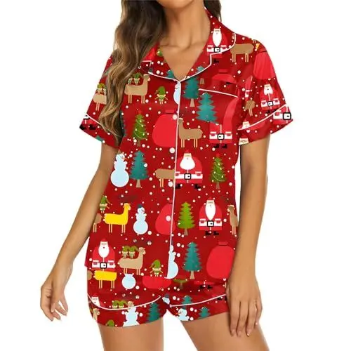 Produktbild: Weihnachtspyjama-Set für Damen, grafische Nachtwäsche aus Polyesterfaser, Knopfleiste, kurzärmlige Shorts Zweiteiler Damen Hose Und Top (Red, M)