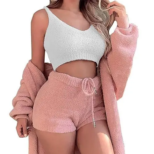 Produktbild: kosopse Schwimmshirt Damen aus -Crop-Tanktops mit Strickjacke mit offener Vorderseite und bequemen Shorts-Set, Loungewear Dessous (RD2, XL)