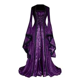 Produktbild: Kostüm Damen Halloween Cosplay Kleider Frauen Langarm Retro Gothic Cosplay Halloween Karneval Übergröße A-Linie Schnüren Maxi Kleider Karneval Halloween Party Prinzessin Kostüm (Purple, L)
