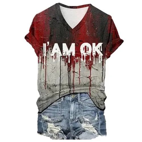 Produktbild: T-Shirt Damen Große Größen Blutiges Druck Problem Gelöst Shirt Metallica Tshirt Damen Kurzarmshirt Frühlings Halloween-Kostüm Halloween-T Lustige T Shirts Oberteile Halloween Kostüme（5-Wine，S）