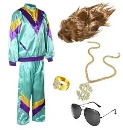 Produktbild: Kostümheld® 6 in 1 Vokuhila Set 80er Outfit Kostüm mit Unisex Trainingsanzug, Assi Perücke, Goldkette, Brille - für Fasching & Karneval (170-190 cm)