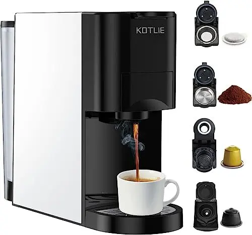 Produktbild: KOTLIE AC-513K 4 in 1 Kapsel Kaffeemaschine für Nespresso Original/Dolce Gusto/Mischkaffee/ESE Pads（44mm,19Bar,1450W,800ml