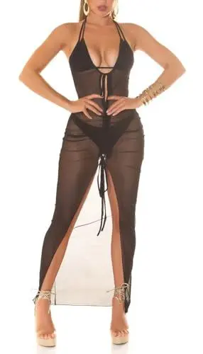 Produktbild: Koucla Vokuhila Strandkleid mit Neckholder Maxikleid Mesh Cover up Kleid Transparent mit Bindebändchen XL