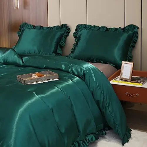 Produktbild: Koudi Satin Bettwäsche 220x240cm 3teilig Grün Uni Einfarbig Rüschen Glanzsatin Bettwäsche Set 1 Glatt Luxus Bettbezug mit Reißverschluss und 2 Kissenbezüge 80x80cm