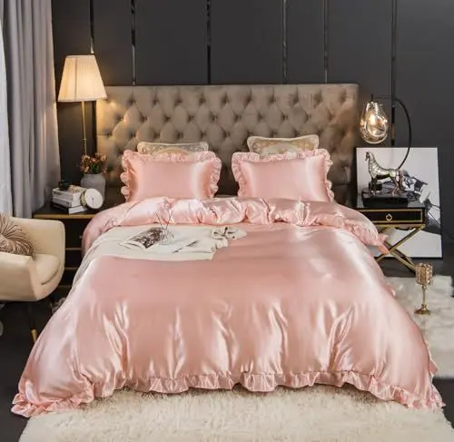 Produktbild: Koudi Satin Bettwäsche 220x240cm 3teilig Rosa Pink Uni Einfarbig Rüschen Glanzsatin Bettwäsche Set 1 Glatt Luxus Bettbezug mit Reißverschluss und 2 Kissenbezüge 80x80cm