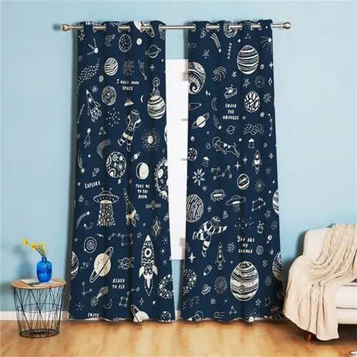 Produktbild: Koudi Weltraum Vorhänge Blickdicht Weltall Astronat Sternenhimmel Universum Muster Gardinen mit Ösen für Kinderzimmer, Babyzimmer Dekoration 160 x 132cm (H × B)