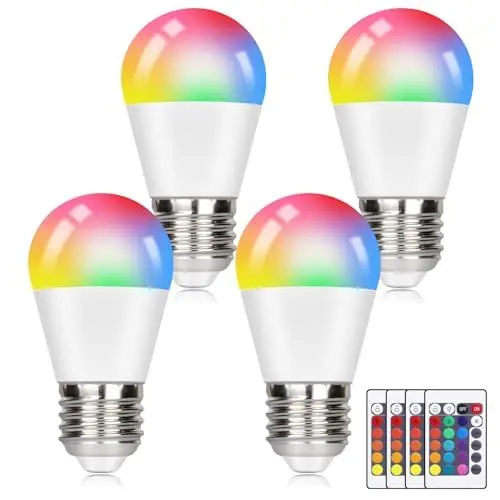 Produktbild: Kowanie E27 LED Lampe RGB mit Fernbedienung: LED Farbwechsel Glühbirne Leuchtmittel Warmweiß 3000K 4W (ersetzt 35W) Ambiente RGB Farbige Birne Dimmbare Farben Geschenk Deko für Party (4er-Pack)
