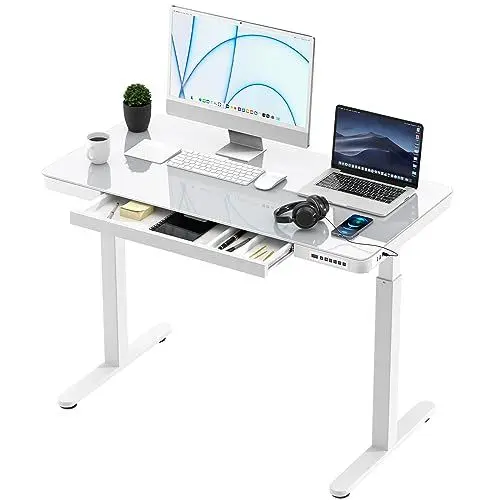 Produktbild: KOWO Höhenverstellbarer Schreibtisch Elektrisch, Schreibtischplatte aus Explosionsgeschütztem Glas, 120x60 cm, Ergonomischer Steh-Sitz Computertisch - Weiß