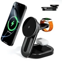 Produktbild: KPON Magsafe Ladestation 3-in-1 Faltbar,15w Magsafe Ladegerät für Apple,Tragbare Schnellladestation ist kompatibel mit Apple Watch und iPhone,Reisen Tragbar Wireless Charger (Schwarz)