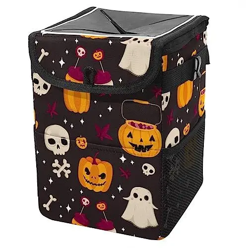 Produktbild: KQNZT Auto-Mülleimer mit Deckel, hängender Auto-Müllbeutel mit Aufbewahrungstaschen, auslaufsicherer Auto-Organizer, Mehrzweck-Mülleimer fürs Auto,Halloween Kürbislaterne Schädel Karikatur