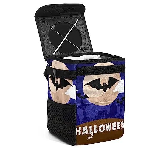Produktbild: KQNZT Auto-Mülleimer mit Deckel, hängender Auto-Müllbeutel mit Aufbewahrungstaschen, auslaufsicherer Auto-Organizer, Mehrzweck-Mülleimer fürs Auto,Halloween Vollmond Fledermausnacht