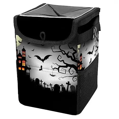 Produktbild: KQNZT Auto-Mülleimer mit Deckel, hängender Auto-Müllbeutel mit Aufbewahrungstaschen, zusammenklappbarer und tragbarer Auto-Mülleimer,Halloween Fledermaus Schloss Mond