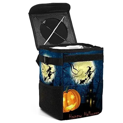 Produktbild: KQNZT Auto-Mülleimer mit Deckel, hängender Auto-Müllbeutel mit Aufbewahrungstaschen, zusammenklappbarer und tragbarer Auto-Mülleimer,Halloween Kürbislaterne Nachthexe
