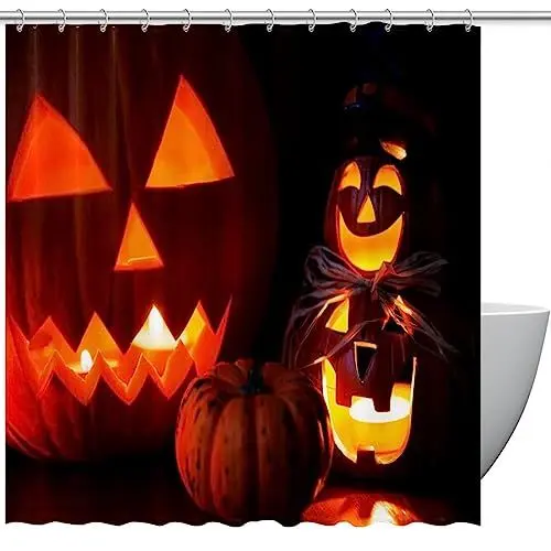 Produktbild: KQNZT Duschvorhänge für Badezimmer, Stoff-Duschvorhang mit Haken, stilvoller moderner Vorhang, Baddekoration,Halloween Kürbislaterne