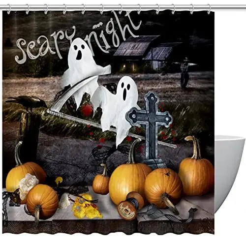 Produktbild: KQNZT Duschvorhänge für Badezimmer, Stoff-Duschvorhang mit Haken, stilvoller moderner Vorhang, Baddekoration,Halloween Kürbislaterne Boo Nacht