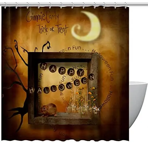Produktbild: KQNZT Duschvorhänge für Badezimmer, Stoff-Duschvorhang mit Haken, stilvoller moderner Vorhang, Baddekoration,Halloween Nacht Maus Mond Süßes oder Saures