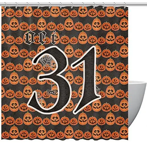 Produktbild: KQNZT Duschvorhänge für Badezimmer, Stoff-Duschvorhang mit Haken, stilvoller moderner Vorhang, Baddekoration,Happy Halloween 31. Oktober Kürbisspinne