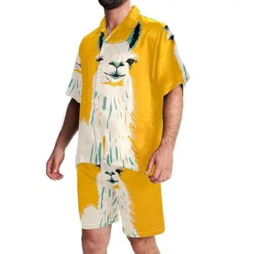 Produktbild: KQNZT Hawaii-Hemden und Shorts für Herren, 2-teiliges Set für Herren, Urlaubs-Outfits, Lama-Cartoon-Hello-Sommer, Herrenhemd und kurze Sets, Design 2689, M