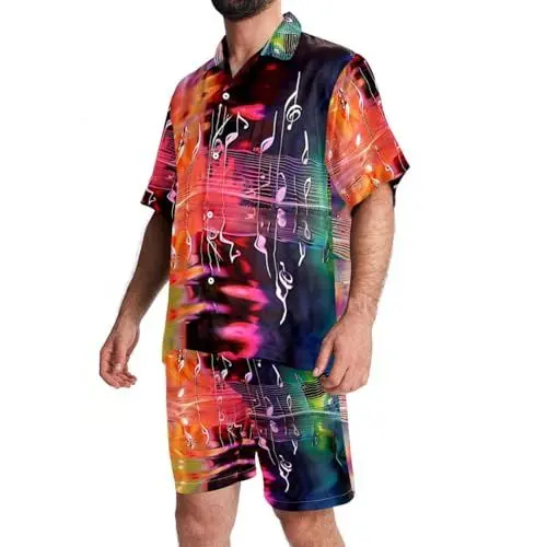 Produktbild: KQNZT Hawaii-Sets für Herren, kurzes Set, 2-teiliges Outfit, Urlaubs-Outfits für Männer, Musiknoten, farbige Musik, Sommeroutfits für Herren, Design 3182, XXL