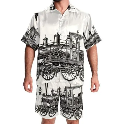 Produktbild: KQNZT Hawaii-Short-Set für Herren, 2-teiliges kurzes Set, Urlaubs-Outfits für Männer, Dampflokomotive, Retro, Cruise-Outfits für Herren, Style 841, XL