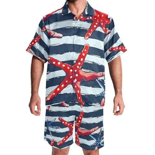 Produktbild: KQNZT Hawaii-Short-Set für Herren, kurzes Set, 2-teiliges Outfit, Urlaubs-Outfits für Männer, Seestern-Streifen, nautisch, Herrenhemd und kurze Sets, Style 833, L