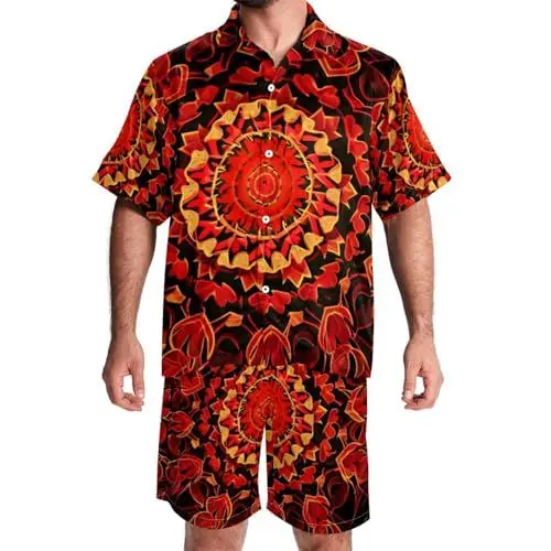 Produktbild: KQNZT Herren Hawaii-Hemden und Shorts Set, 2-teiliges Set für Männer, Urlaubs-Outfits, Psyche Red Heart Swirl Cruise Outfits für Männer, Stil 279, XL