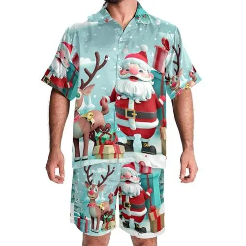 Produktbild: KQNZT Herren Hawaii-Short-Set, 2-teiliges Set für Herren, Urlaubs-Outfits für Männer, Weihnachtsmann-Auto, kurze Sets Outfits, Stil 1872, S