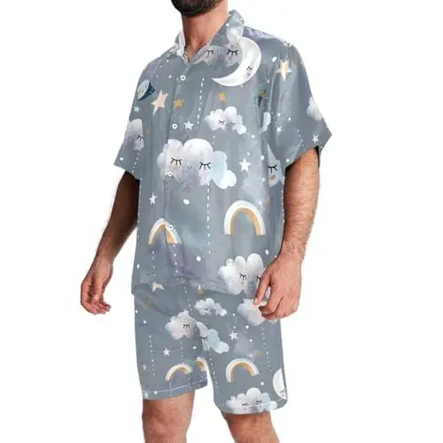 Produktbild: KQNZT Herren Hawaii-Short-Set, 2-teiliges Set für Männer, Urlaubs-Outfits, Mond, Regenbogenwolke, Nacht, Cartoon, Kreuzfahrt-Outfits für Männer, Design 3124, L