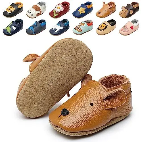 Produktbild: Krabbelschuhe Baby Weicher Leder Baby Lauflernschuhe Hausschuhe Kleinkind Babyschuhe mit Wildledersohlen, Rutschfest Karikatur Mokassin Unisex Krabbelschuhe Lauflernschuhe