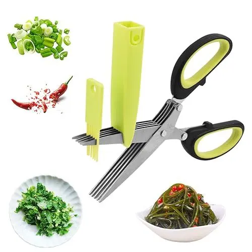 Produktbild: Kräuterschere 5 Klingen, Edelstahl Schnittlauchschere mit Sicherheitsabdeckung und Reinigung Kamm, Küchenschere für Schnittlauch, Petersilie, Kräuter