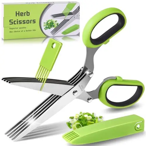 Produktbild: Kräuterscheren, Edelstahl Küchenschere 5 Klingen, Gewürzschere Schnittlauchschere Gemüseschere mit Sicherheitsabdeckung und Reinigung Kamm, Küchen-Kräuterschere für Kräuter, Petersilie, Schnittlauch