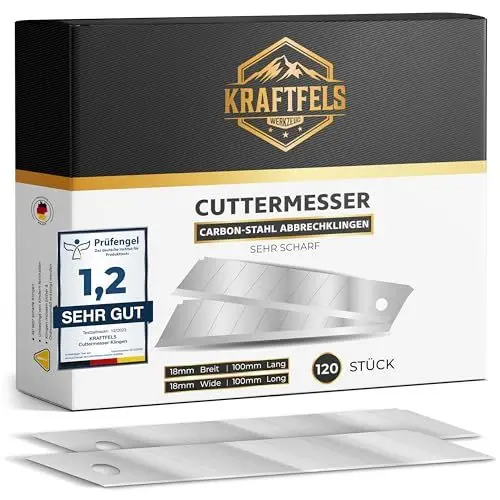 Produktbild: KRAFTFELS 120x Profi Cuttermesser Klingen 18mm - Ersatzklingen Cuttermesser aus hochwertigem Carbonstahl - Klingen Cuttermesser - Ultra scharf & stabil - Abbrechklingen für Cutter Messer – Silber…