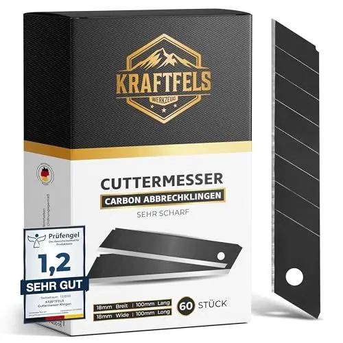 Produktbild: KRAFTFELS 60x Profi Cuttermesser Klingen 18mm - Ersatzklingen Cuttermesser aus hochwertigem Carbonstahl - Klingen Cuttermesser - Gehärtet & ultra scharf - Abbrechklingen für Cutter Messer Schwarz…