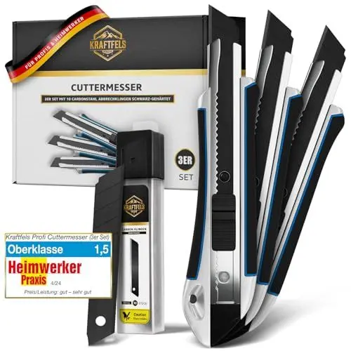Produktbild: 3 x Cuttermesser Profi Set - inkl. 13x SK5 Carbonstahl Klingen 18mm extra scharf - Cuttermesser Set 18mm - Teppichmesser Profi - Cutter Messer - Kattermesser Metall - Tapetenmesser