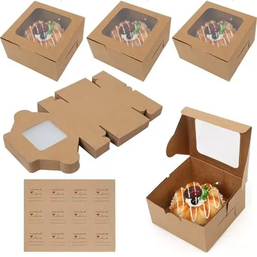 Produktbild: Kraftpapier Cupcake Box, 50 Stk Macarons Muffin Box mit Sichtfenster und Aufklebern,10,16x10,16x5,7cm Karton Box Verpackung, Kuchen Transportbox Pappe Cupcake Schachtel für Gebäck Kekse Kuchen Dessert