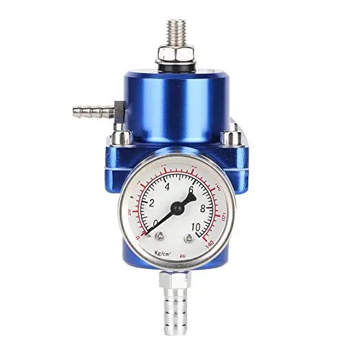 Produktbild: Kraftstoffdruckregler, 0-140 psi Einstellbare Aluminiumlegierung Universal Fpr Eingebaute Membran Einstellbarer Kraftstoffdruckregler mit Manometer Schlauchhalterung (Blau)