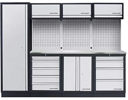 Produktbild: Kraftwerk 3964BIX 4-Element Werkstattwand mit Rückwand und durchgängiger Arbeitsplatte Edelstahl, freistehend. Schwarz/Grau