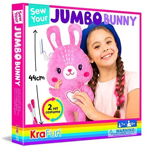 Produktbild: KRAFUN Big Jumbo Bunny Tier-Nähset für Kinder Anfänger My First Art & Craft, Machen Sie 1 Stoffpuppe mit 2 Kostümen, Anleitung und Plüschfilzmaterialien zum Nähen lernen, Sticken, Alter 7-12
