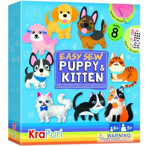 Produktbild: KRAFUN Easy Sew Welpe und Kätzchen für Kunst- und Bastelanfänger für Kinder, 8 einfache DIY-Projekte mit Stofftierpuppen von Welpen und Kätzchen, Hunden und Katzen, Anleitung und Filz, Geschenk