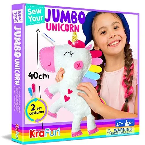 Produktbild: KRAFUN Großes Jumbo-Einhorn-Tier-Nähset für Kinder, Anfänger, My First Art & Craft, enthält 1 Stoffpuppe mit 2 Kostümen, Anleitung und Plüschfilzmaterialien zum Nähen lernen, Sticken, Alter 7–12