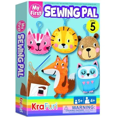 Produktbild: KRAFUN Kinder-Nähset für Anfänger ab 5 Jahren, 5 Tierprojekte (Eule, Katze, Fuchs, Löwe, Teddybär), Plüschfilz, Schlüsselanhänger, Anleitung, Lernspielzeug